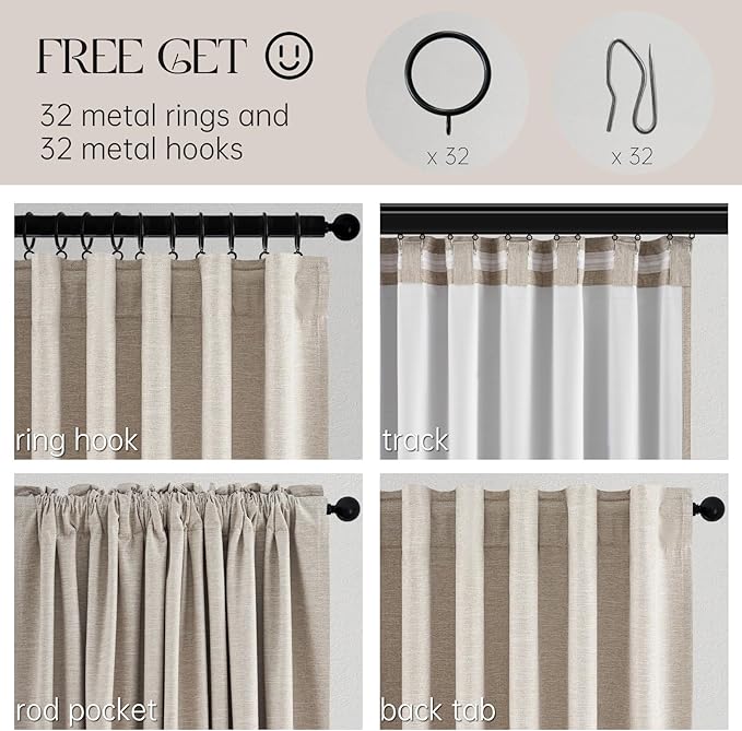 Topfinel 45 Inches Long Boho Linen Curtains Tiers for Small Window 2 Panels Set Thermal Saving Short Drapes for Kitchen Bathroom Curtain Hook Belt Pleated Back Tab Natural Linen(W52 xL45)
