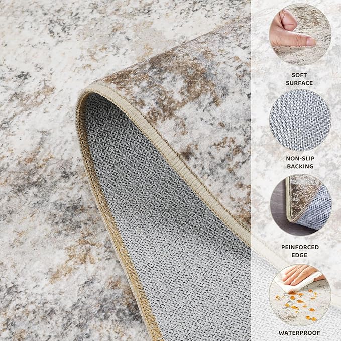 UERMEI 8ft Round Area Rug Living Room Rugs - 8x8 Washable Neutral Modern Abstract Soft Thin Rug Indoor Floor No Slip Rug Carpet for Bedroom Under Dining Table Home Office Decor - Brown Grey