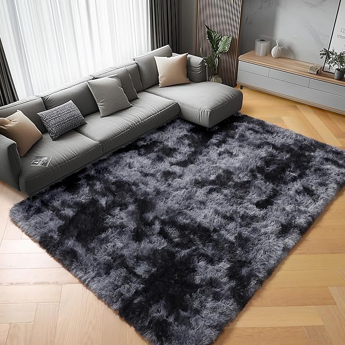 ONASAR Rugs for Living Room Bedroom, 5x8 Fluffy Tie-Dyed Dark Grey Bedside Area Rug, Soft Plush Shaggy Floor Carpet for Nursery Kids Girls Boys Teen Dorm Home Office Decor Aesthetic