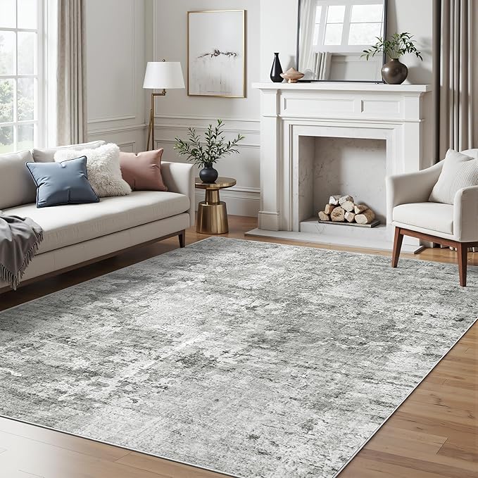 6x9 Abstract Area Rugs for Living Room 6 x 9 Washable Non Slip Low Pile Gray Rugs for Bedroom Dining Room Foldable Thin Gray White