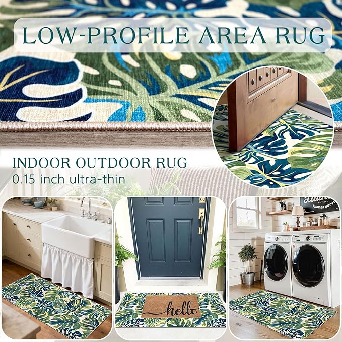 Front Door Mat Indoor Entrance - 2x4.3 Ft Spring Washable Layered Doormat Outdoor Entrance Porch Rug Non-Slip Botanical Green Blue Leaf Runner Rug for Kitchen Bedroom Laundry Room Porch Decor