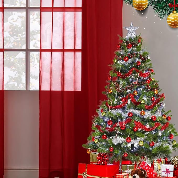 SpaceDresser Sheer Voile Window Treatment Rod Pocket Curtain Panels for Kitchen Bedroom Living Room Drapes Sunlight Filtering Privacy Semi Home Decor Assorted Colors Sizes (Christmas Red, 52 W x 90 L)