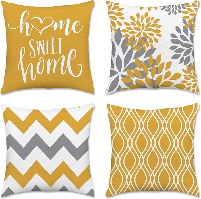 Hexagram Geometric Yellow Pillow Covers 16x16 Set of 4, Decorative Outdoor Boho Modern Throw Pillow Covers, Home Sweet Home Farmhouse Cushion Case for Couch Sofa Bedroom Indoor Decor(No Insert)