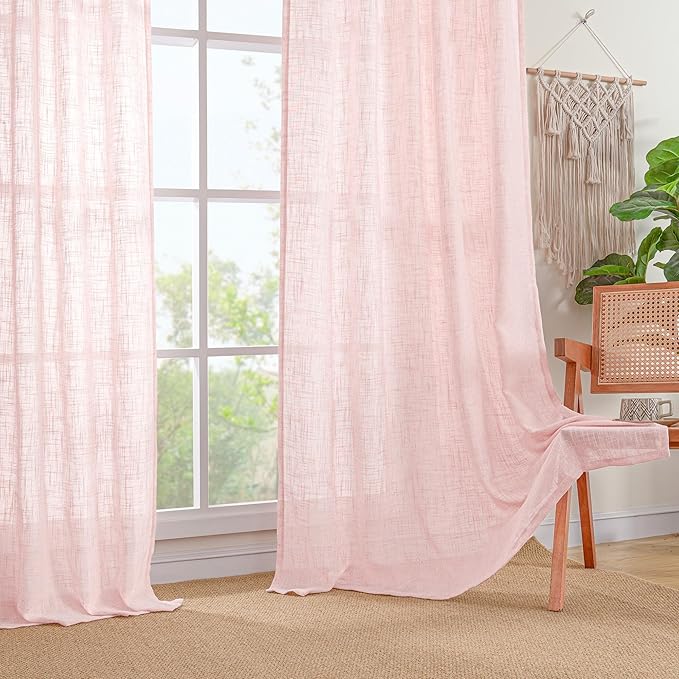 LAMIT Linen Curtains 48 Inch Length 2 Panels, Light Filtering Panels Back Tab and Rod Pocket Neutral Drapes for Kitchen/Window/Kids Room/Bedroom, 34 x 48 Inch Pink