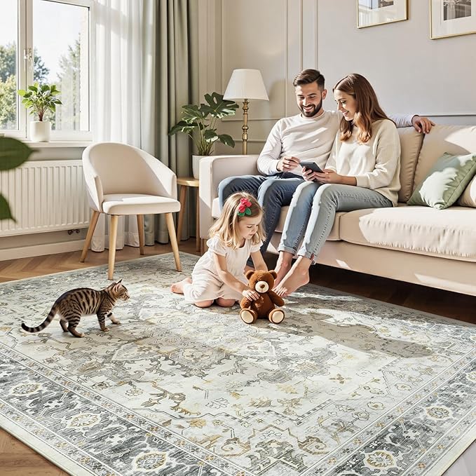 Lofus 9x12 Area Rugs for Living Room, Machine Washable Non-Slip Area Rug, Low Pile Large Rugs for Bedroom, Kitchen, Dining Room, Home Office, Vintage Oriental Print Rug, Taupe Grey