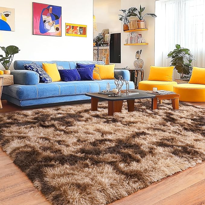 Pionblank Large Area Rug for Living Room 6x9 Feet, Modern Soft Shag Brown Rug, Plush Fuzzy Carpet for Bedroom Girls Boys Room Home Nursery Teens Dorm Decor, Tie-Dyed Coffee