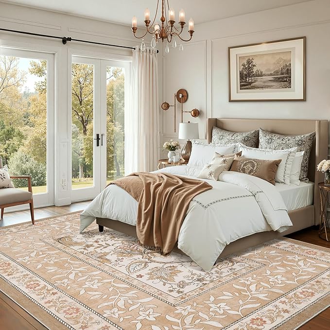 GarveeHome Provence 8x10 Area Rugs for Living Room, Botanical Grove Pink Brown Scroll Cottagecore Washable Rug for Bedroom Dining Nursery Low-Pile Vintage Large Carpet