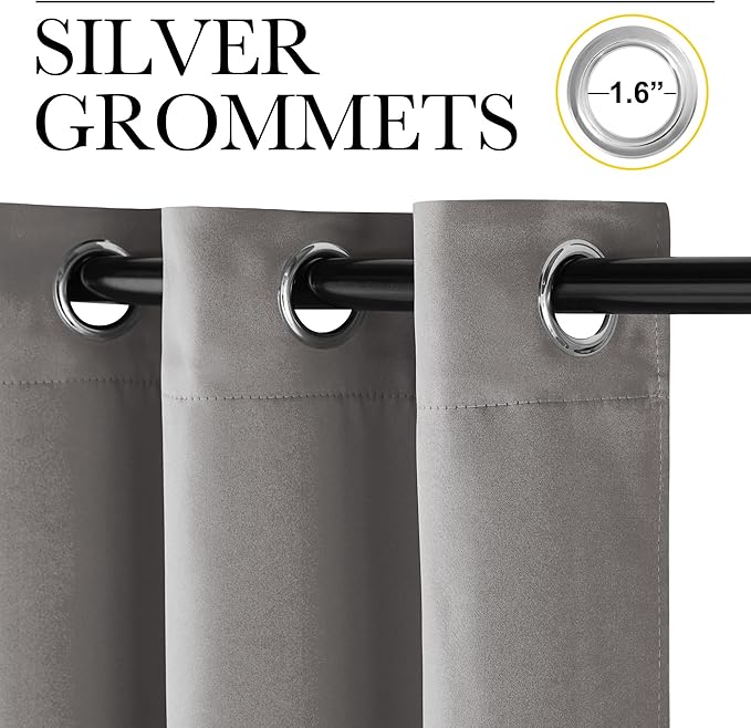 NICETOWN Room Darkening Cafe Satin Curtains for Small Windows, 42" Wide by 84" Long, 2 Panels, Chrome Gray, Grommet Privacy Blackout Drapes for Play Room