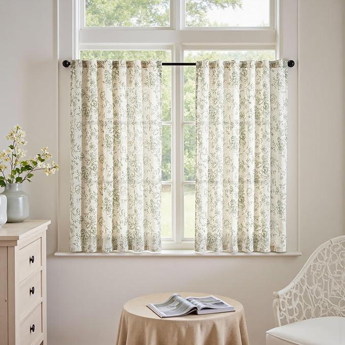 jinchan Linen Blend Floral Curtains for Living Room 45 Inch Length Farmhouse Printed Curtain Rod Pocket Back Tab Sage Green Peony Flower Patterned Drapes Bedroom Curtains Set 2 Panels