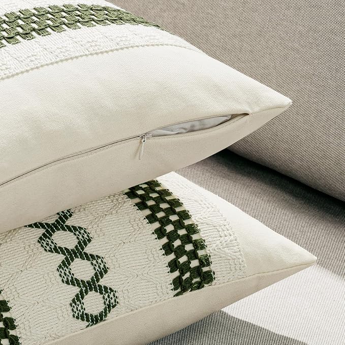 MIULEE Set of 2 Moss Green Boho Decorative Lumbar Pillow Covers 12x20 Inch Farmhouse Rustic Couch Throw Pillows Modern Summer Cushion Covers Retro Cute Macrame Woven Spring Decor for Bed Sofa Chair