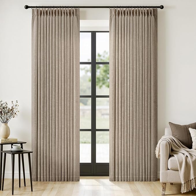 MIULEE Pinch Pleated Thick Linen Curtains 90 Inches Long 2 Panels for Living Room Bedroom, Linen Textured Memory Trained Pleat Drapes Back Tab Light Filtering Grey Beige Window Curtains with Hooks