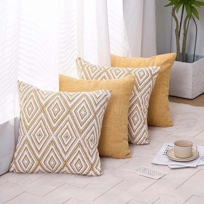 HPUK Decorative Throw Pillow Covers Set of 4 Geometric Design Linen Cushion Cover for Couch Sofa Living Room, 18"x18" inches, Ochre