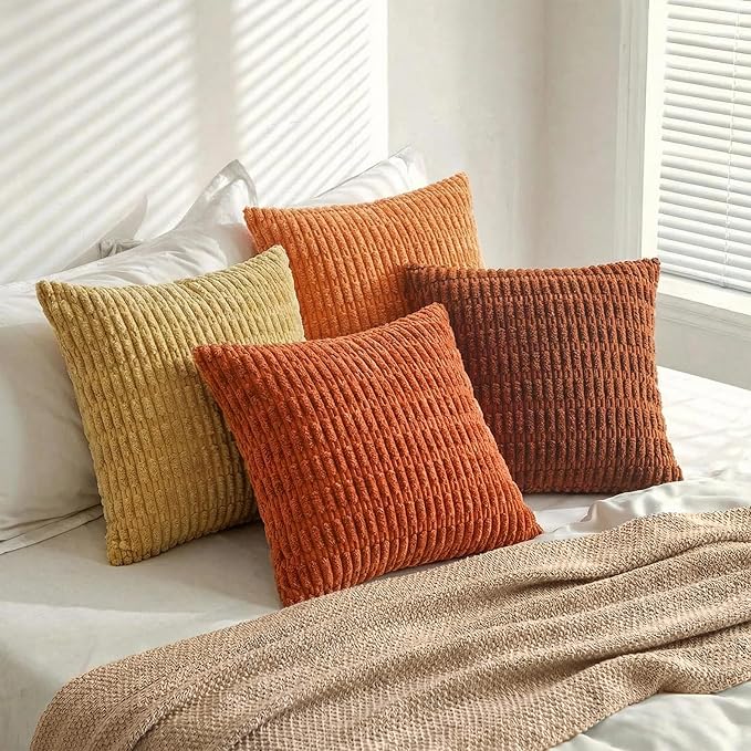 Fancy Homi Set of 4 Burnt Orange Fall Boho Decorative Throw Pillow Covers 28x28 Inch for Couch Bed Sofa, Aesthetic Modern Bohemian Room Decor, Fuzzy Fluffy Cozy Corduroy Textured Cushion Case 71x71cm