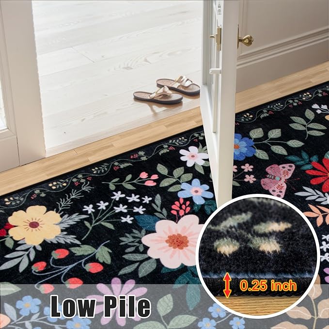 Area Rugs 9x12 Living Room: Floral Washable Rug Vintage Large Soft Boho Non-Slip Carpet Indoor Floor Stain Resistant Low Pile Carpets for Bedroom Dining Room Farmhouse Nursery Home Office Black