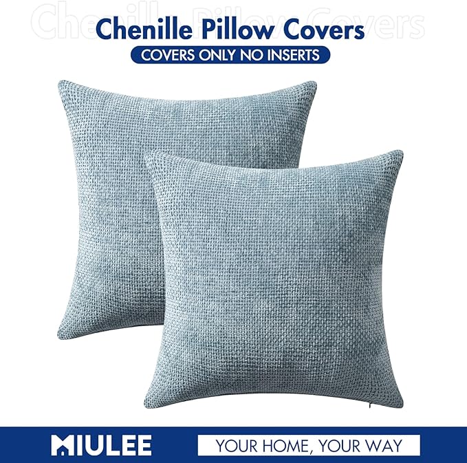 MIULEE Pack of 2 Lumbar Couch Throw Pillow Covers 20x12 Inch Coastal Smoke Blue Modern Boho Accent Decorative Pillow Covers Soft Chenille Farmhouse Cushion Covers for Home Decor Bed Sofa Living Room