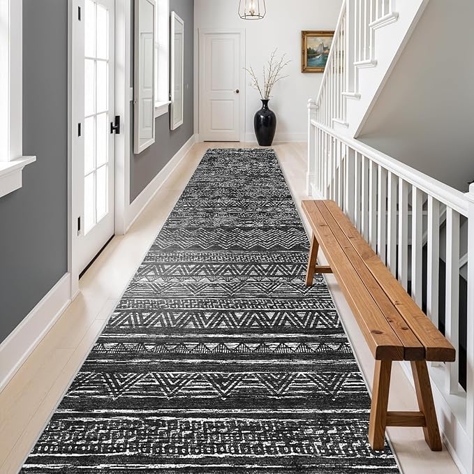 Ksrau 3x20 Runner Rug Washable - Extra Long Non-Slip Modern Runners for Hallway Soft Moroccan Low Pile Indoor Floor Mat for Living Room Kitchen Waterproof Geometric Runner Rugs Entryway 3x20 Black