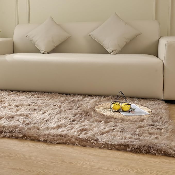 ORINOVA Beige Furry Washable Faux Sheepskin Fur Rug for Living Room Bedroom Fluffy Area Rug 4x6 Rectangle Rug Nursery Decor