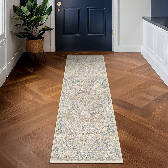 Hazo Haus Washable Bathroom Runner Rug 2x6 - Long Runner Rugs for Laundry Room, Bedroom, 24 x 72 Kitchen Floor Mat - Non Slip Vintage Design Décor, Beige Blue