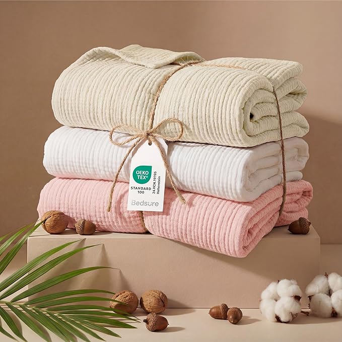 Bedsure 100% Cotton Muslin Blankets for Adults Large Throw 50x70 Inches - 4-Layer Breathable and Lightweight, Soft Boho Gauze Muslin Cotton Blanket for Couch Decor Travel Summer, Pink