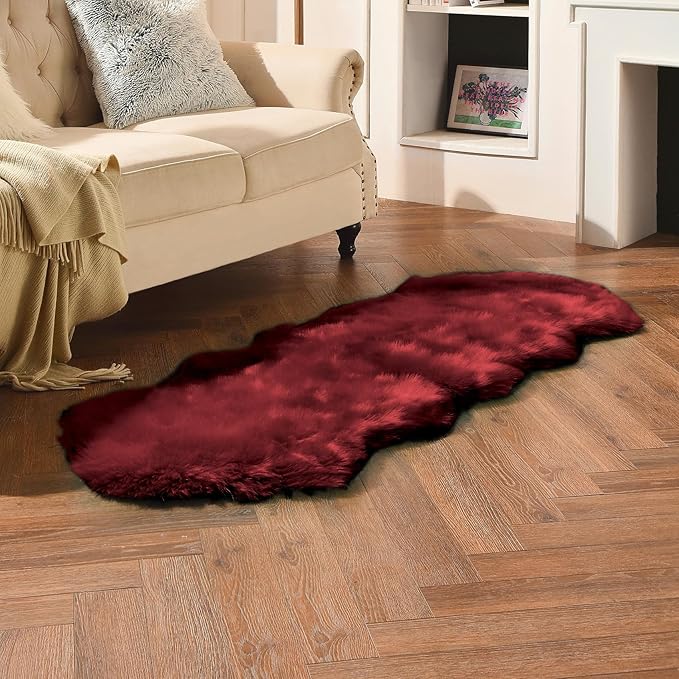 duduta Burgundy Faux Sheepskin Runner Rug 2x6 ft, Fluffy Shag Bedroom Dorm Rug Decor Fur Seat Couch Covers Washable