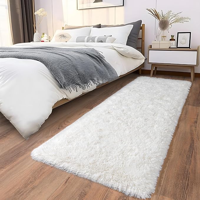 Ultra Soft Runner Rugs for Bedroom Hallways with Upgraded Non-Slip Rubber Backing & Thick Memory Sponge, 2 Packs 2x6 Feet Fluffy Shag Throw Area Rug for Bedside Dorm Cream
