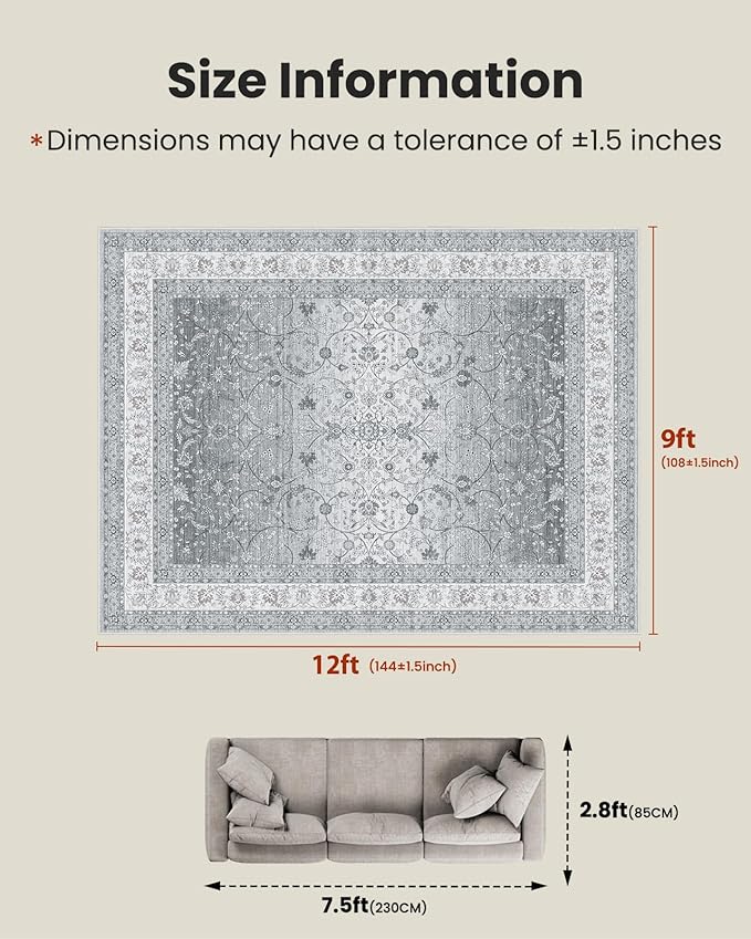 AMADA HOMEFURNISHING 9x12 Area Rugs, Washable Living Room Rug with Non-Slip Backing, Low Pile and Durable Edge Binding, Soft Vintage Floral Rugs for Living Room, Bedroom, Dining Room