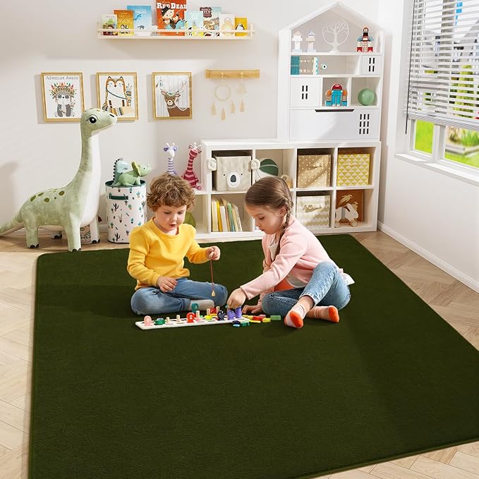 Amearea 4x4 Square Area Rugs for Bedroom Living Room, Olive Green Thickened Memory Foam Rug, Fluffy Indoor Washable Rug Non Slip Minimalist Carpet for Entryway Kids Boys Girls Dorm Nursery Room Decor
