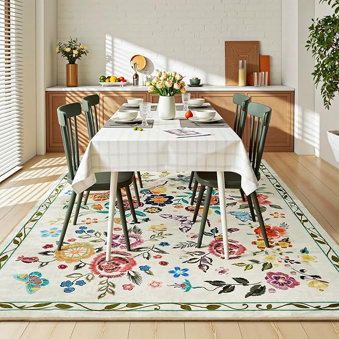 Rugflix 5x7 Washable Area Rug for Living Room, Soft Non Slip Low Pile Carpet, Floral Vintage Stain Resistant Rugs for Bedroom, Dining Room, Home Office, Beige Yellow
