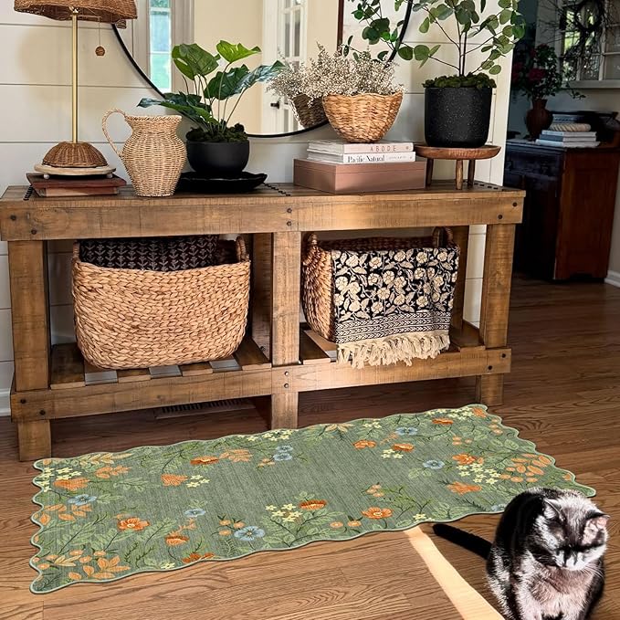 Front Door Mat Indoor Entrance - 2x4.3 Ft Sage Green Floral Washable Layered Doormat Outdoor Entrance Porch Rug Non-Slip Boho Runner Rug for Kitchen Hallway Bedroom Laundry Room Porch Decor