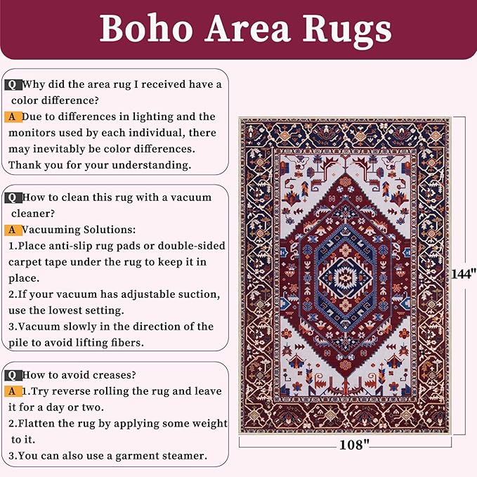 SERISSA 9x12 Area Rugs for Living Room, Large Washable Non-Slip Boho Rug, Ultra Soft Vintage Burgundy Navy Oriental Tribal Print Distressed Carpet for Dining Room Bedroom Dorm Office Home Decor