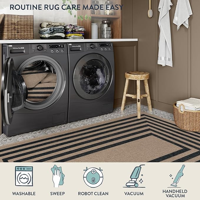 Lahome Enfys Modern Geometric Easy Jute Entryway Rug, 4x6 Black Washable Carpet for Bedroom Contemporary Thin Living Room Patio Rug, Farmhouse Non Slip Indoor Outdoor Carpet for Dining Room Backyard