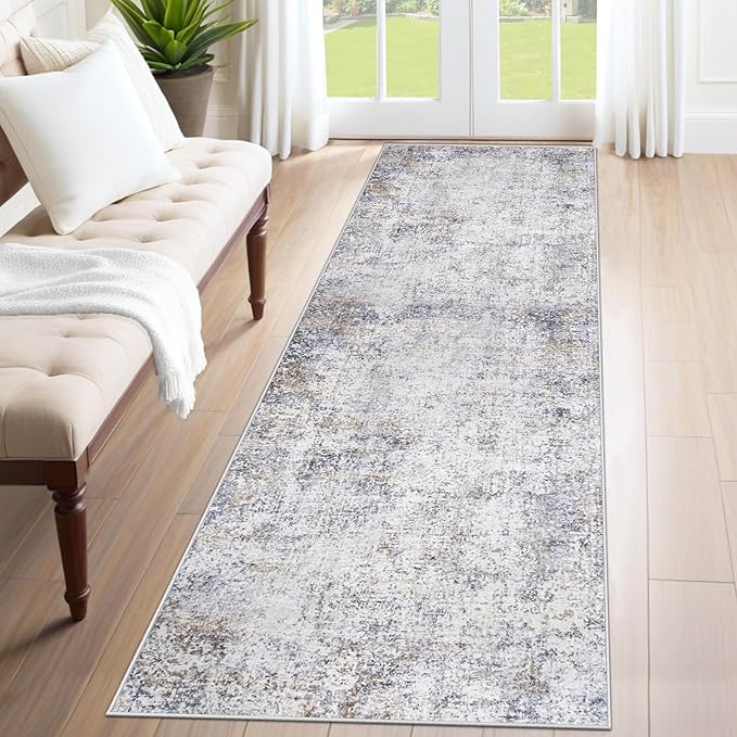 XLUEZ 2x8 Runner Rug for Hallway, Washable Modern Abstract Runner Rugs Neutral Soft Non Slip Kids Rug Stain Resistant Indoor Runners for Entryway Bedroom Kitchen Laundry Room(Bluegrey, 2'x8')