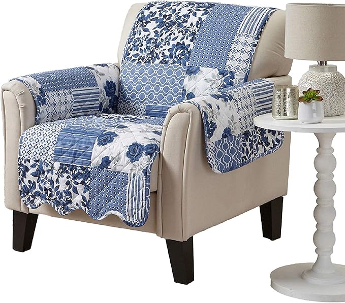 Great Bay Home Reversible Patchwork Chair Cover - Washable Slipcover Furniture Protector with Elastic Straps - Perfect for Kids & Pets - Box-Stitched Detail (Navy)