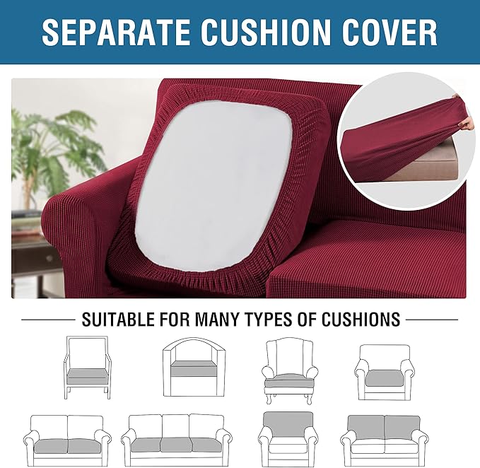 H.VERSAILTEX 3 Piece Stretch Sofa Covers for 2 Cushion Loveseat Couch Covers for Living Room Furniture Cover (Base Cover Plus 2 Seat Cushion Covers) Thicker Jacquard Fabric(Medium Sofa, Burgundy)