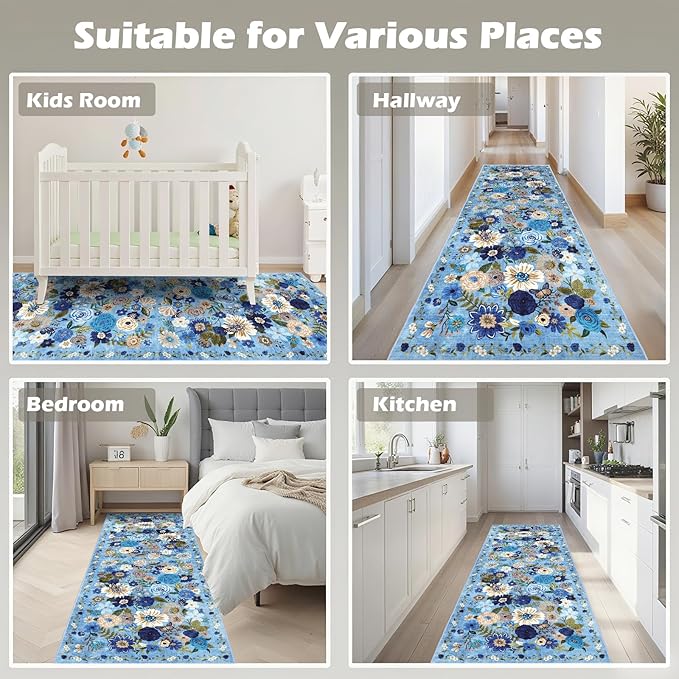 Rug for Hallways Kitchen Rug 2x8, Non Slip Washable Rugs with Rubber Backing Soft Floral Carpet Runner for Hallways, Kitchen, Laundry, Bedroom, Bathroom (2 x 8, Blue Garden)