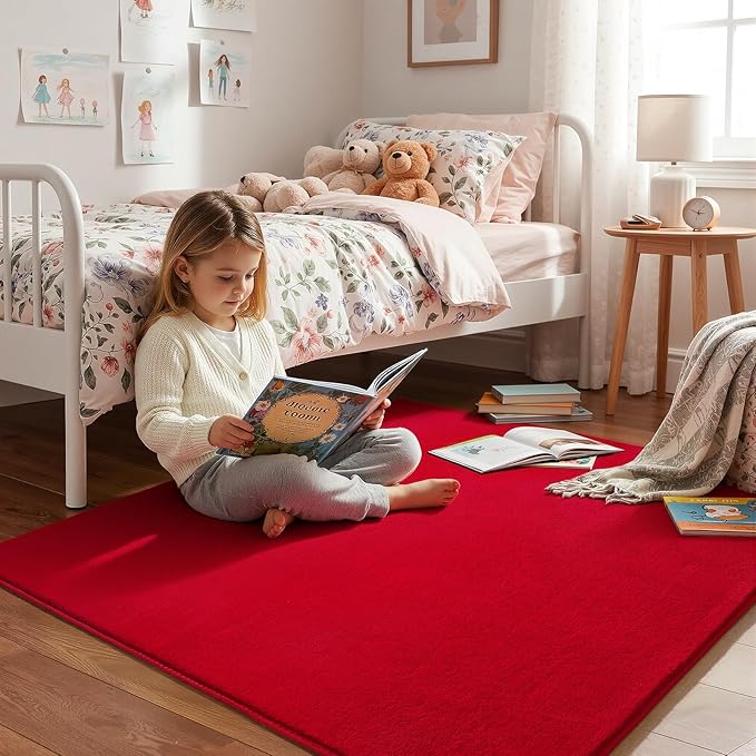Amearea 5x5 Square Area Rugs for Bedroom Living Room, Modern Red Thickened Memory Foam Rug, Fluffy Indoor Washable Rugs Non Slip Minimalist Carpet for Kids Boys Girls Dorm Nursery Room Decor