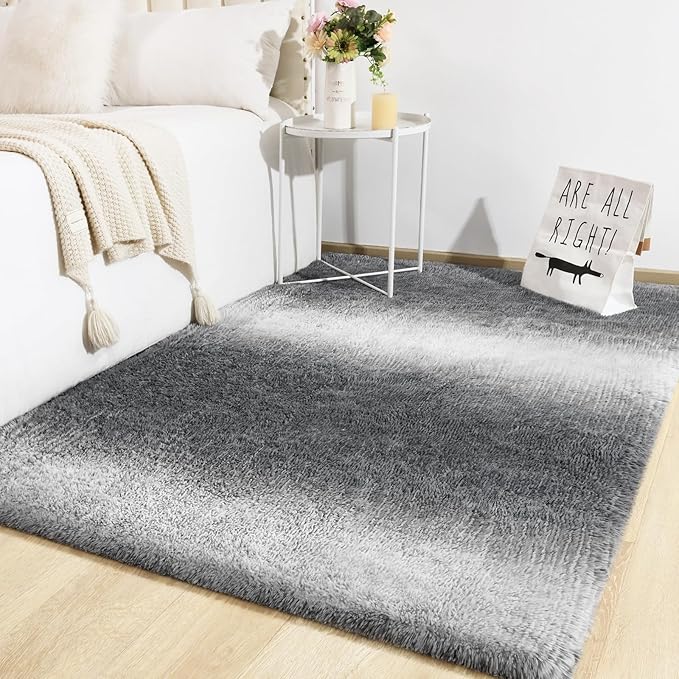 TWINNIS Super Soft Shaggy Rugs Fluffy Carpets, 5x8 Feet, Indoor Modern Plush Area Rugs for Living Room Bedroom Kids Room Nursery Home Decor, Upgrade Anti-Skid Rectangular Fuzzy Rug, Grey White