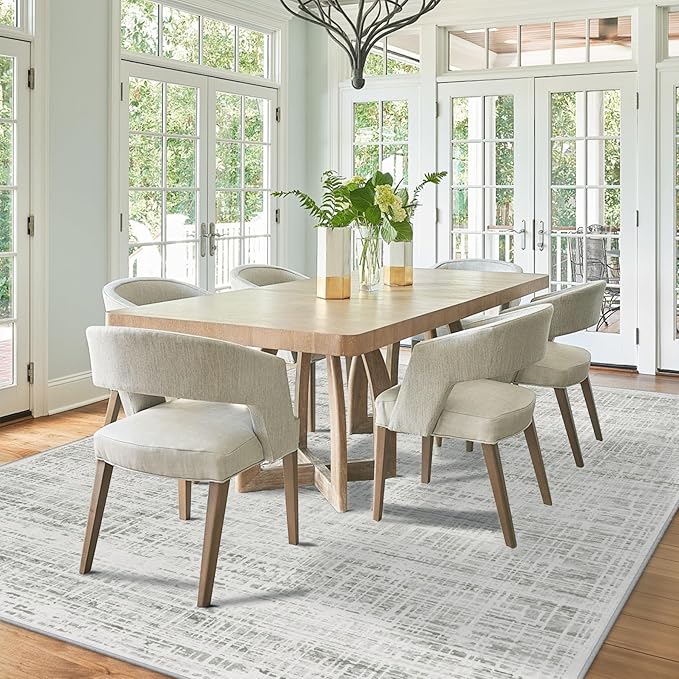 9x12 Area Rugs Washable Rug: Anti-Skid Abstract Modern Living Room Rug Soft Thin Carpets Indoor Floor Non-Shedding Carpet for Bedroom Dining Farmhouse Nursery Home Office (White Gray, 9'x12')