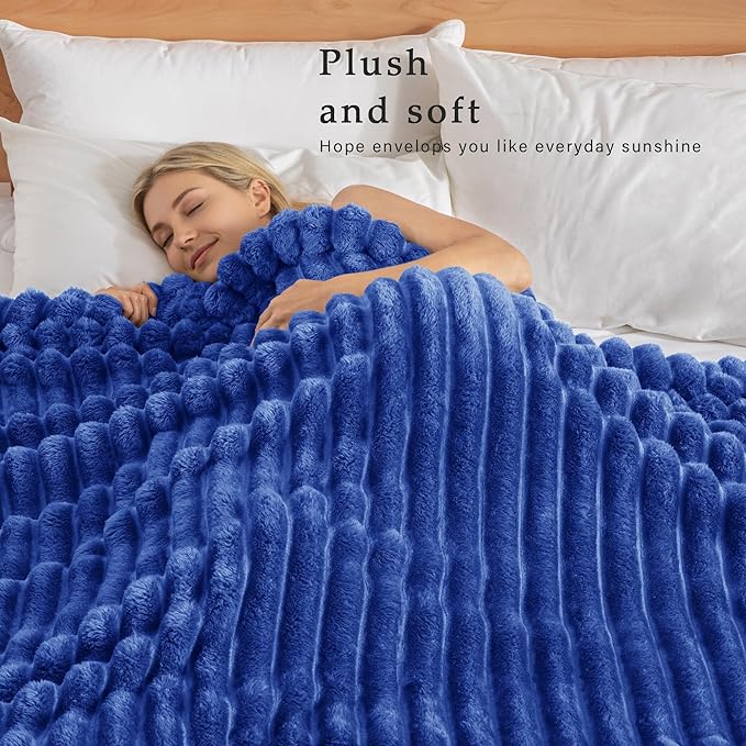 Exclusivo Mezcla Twin Size Flannel Fleece Blanket, Super Soft Striped Jacquard Bed Blanket, Lightweight Fuzzy Cozy for All Seasons, 60x80 Inches, Cobalt Blue