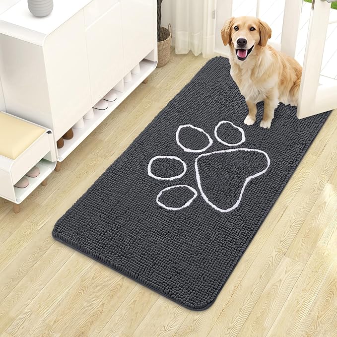 OLANLY Dog Door Mat for Muddy Paws 40x24, Paw Print Design, Absorbs Moisture and Dirt, Absorbent Non-Slip Washable Doormat, Quick Dry Chenille Mud Mat for Dogs, Entry Indoor Entryway Carpet, Dark Grey