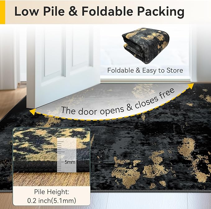 Washable Area Rugs 2'x10' Non-Slip Modern Abstract Soft for Living Room Entryway Bedroom Nursery, Print Pattern, Dark Black Gold