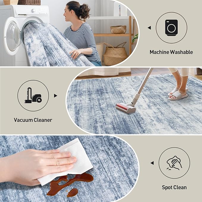 5x7 Area Rugs Washable Rug: Modern Abstract Living Room Rug Soft Anti-Skid Thin Carpet Indoor Floor Non-Shedding Carpets for Bedroom Dining Room Farmhouse Nursery Home Office - Blue White