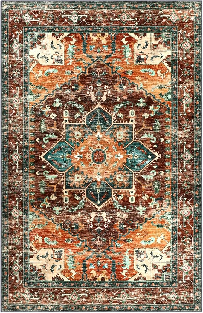 Yamaziot Area Rug 9x12 Large Rug, Non-Slip Washable Boho Vintage Living Room Bedroom Rug with Rubber Backing, Low Pile Faux Wool Soft Distressed Floor Carpet for Living Room, Bedroom