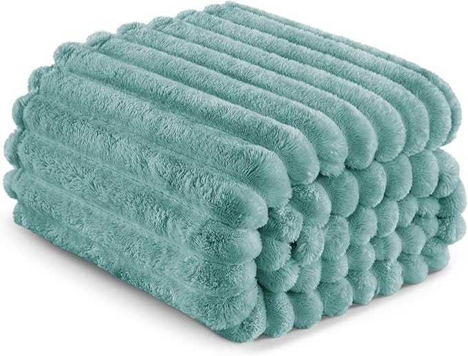 Exclusivo Mezcla Queen Size Flannel Fleece Blanket, Super Soft Striped Jacquard Bed Blanket, Lightweight Fuzzy Cozy for All Seasons, 90x90 Inches, Celadon