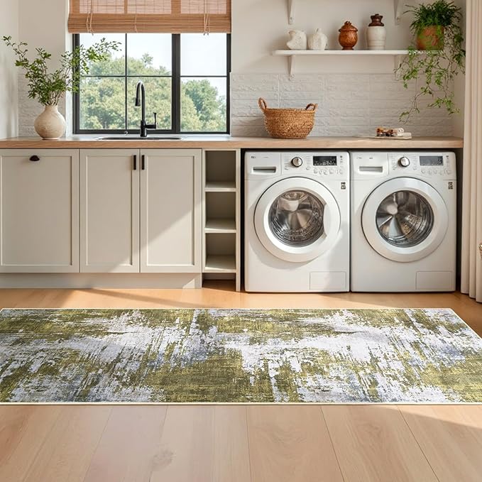 2x6 Sage Green Rug Runners for Hallways Kitchen Runner Rug Non Slip Washable Long Runner Rugs with Rubber Backing Soft Abstract Carpet Runner for Hallways, Kitchen, Bathroom, Entryway