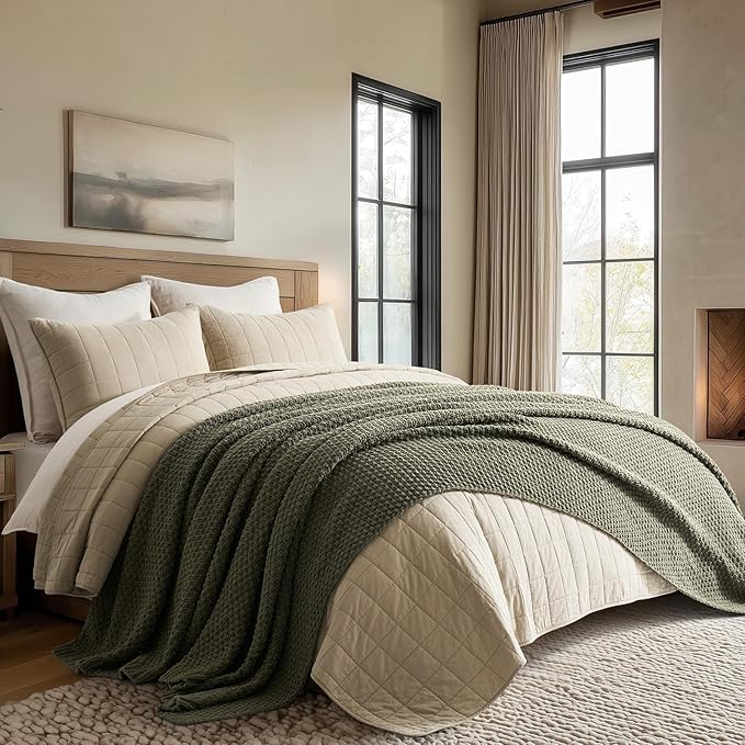 EVERGRACEHOME Chunky Chenille Knit Throw Blanket for Couch, Soft Luxurious Oversized King Moss Stitch Blanket for Bed, Large Cozy Farmhouse Knitted Throw for Sofa, Olive Green, 92" x 108"