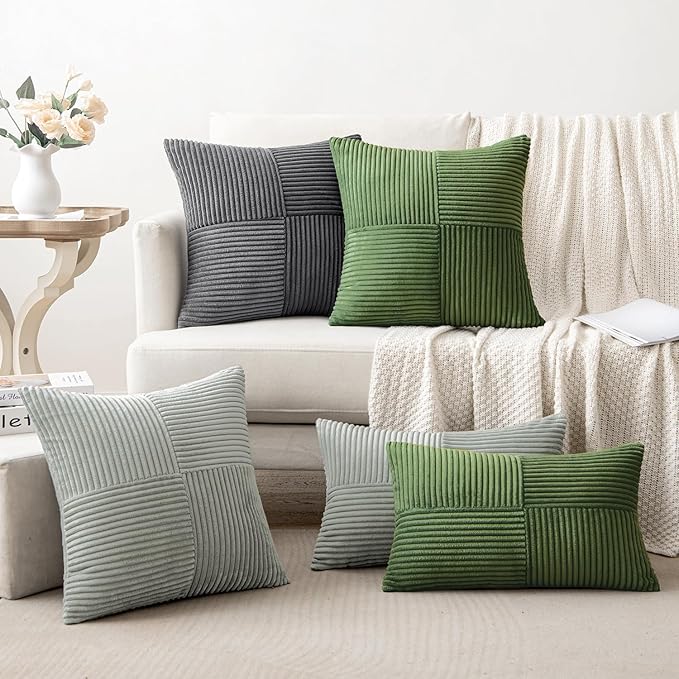 MIULEE Moss Green Decorative Euro Sham Pillow Covers 24x24 Inch for Bed Couch Sofa Spring Decor Pack of 2 Boho Farmhouse Throw Pillows Soft Cross Corduroy Patchwork Textured Cushion Cases