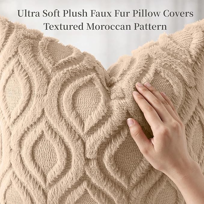 decorUhome Throw Pillow Covers 18x18 Inch Set of 2, Soft Plush Faux Wool Light Khaki Solid Couch Pillow Covers, Accent Farmhouse Neutral Square Pillow Cases for Sofa Bed Living Room
