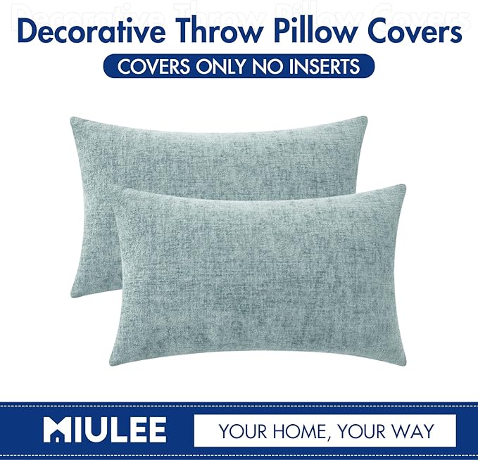 MIULEE Pack of 2 Light Blue Throw Pillow Covers 12x20 Inch Soft Chenille Lumbar Pillow Covers for Sofa Living Room Spring Home Decor Couch Solid Dyed Cases