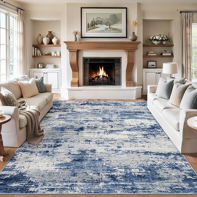 Area Rugs 10x14 Living Room - Washable Rug Modern Abstract Soft Large Neutral Non-Slip Carpet Indoor Floor Thin Carpets for Bedroom Dining Room Farmhouse Nursery Home Office Blue Gray